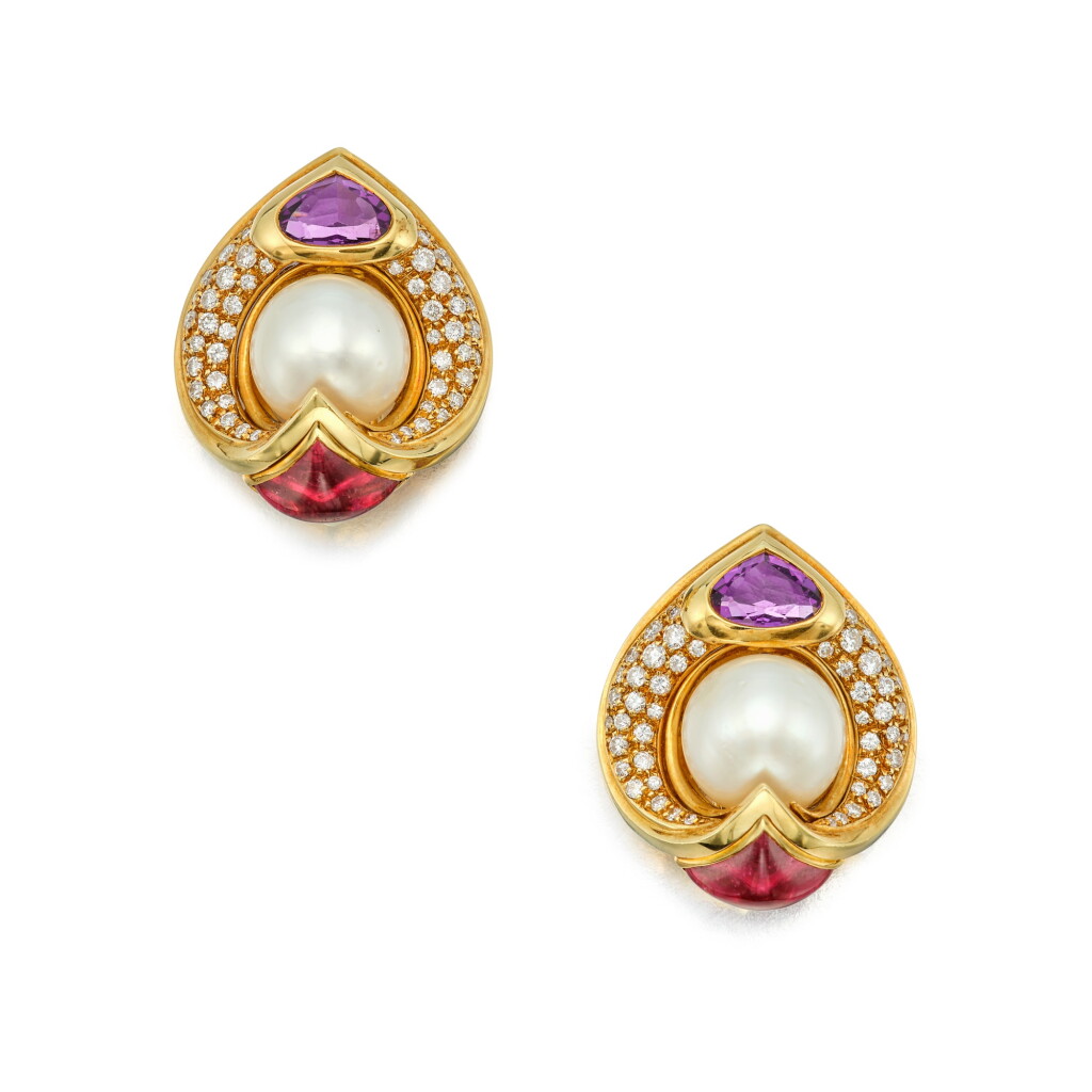 View full screen - View 1 of Lot 449. Pair of Cultured Pearl, Amethyst, Tourmaline and Diamond Earclips.
