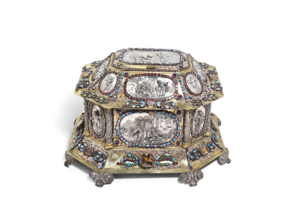View full screen - View 1 of Lot 107. A LARGE GERMAN SILVER-GILT, ENAMEL AND GEM-SET CASKET APPLIED WITH EMBOSSED SILVER PLAQUES, PETER WINTER, AUGSBURG, CIRCA 1673-77.