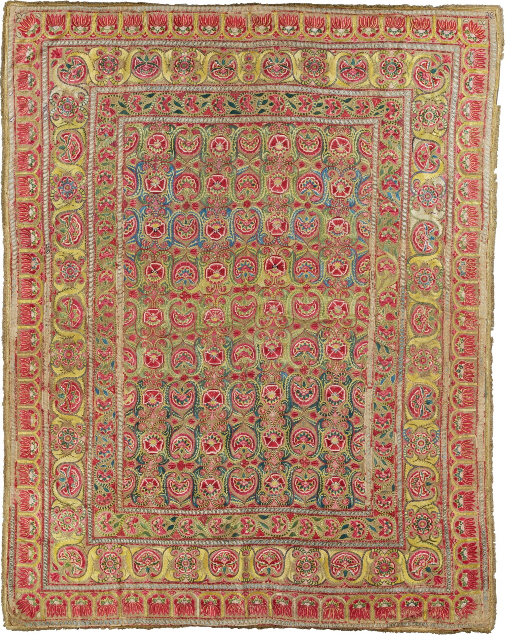 View full screen - View 1 of Lot 130. A silk and metal-thread embroidered floor spread, India, probably Deccan, circa 1800.