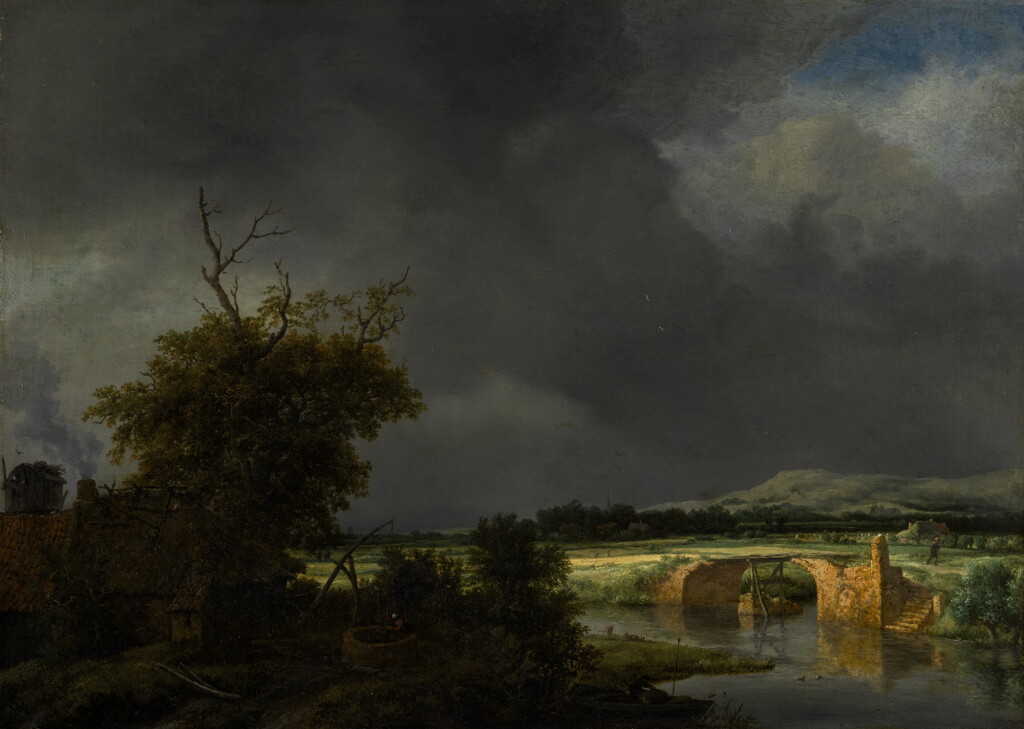 View full screen - View 1 of Lot 10. Landscape with a cottage and stone bridge under a cloudy sky |《陰天下的茅屋與石橋風景》.