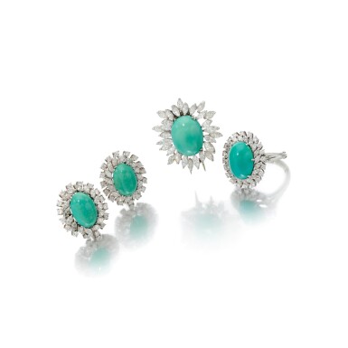 View full screen - View 1 of Lot 59. Turquoise and diamond demi parure (Demi parure in turchesi e diamanti).