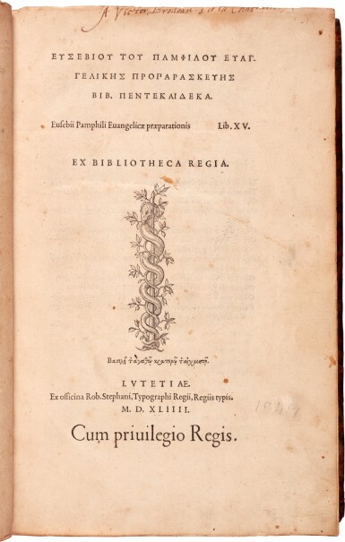 View full screen - View 1 of Lot 75. Eusebius, De evangelicae praeparatione, Paris, Robert Estienne, 1544, old calf.