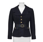 Nina Ricci, Haute Couture, circa 1968, Navy blue gabardine jacket with golden buttons and leather belt | Veste blazer en gabardine marine à bouton doré et ceinture en cuir