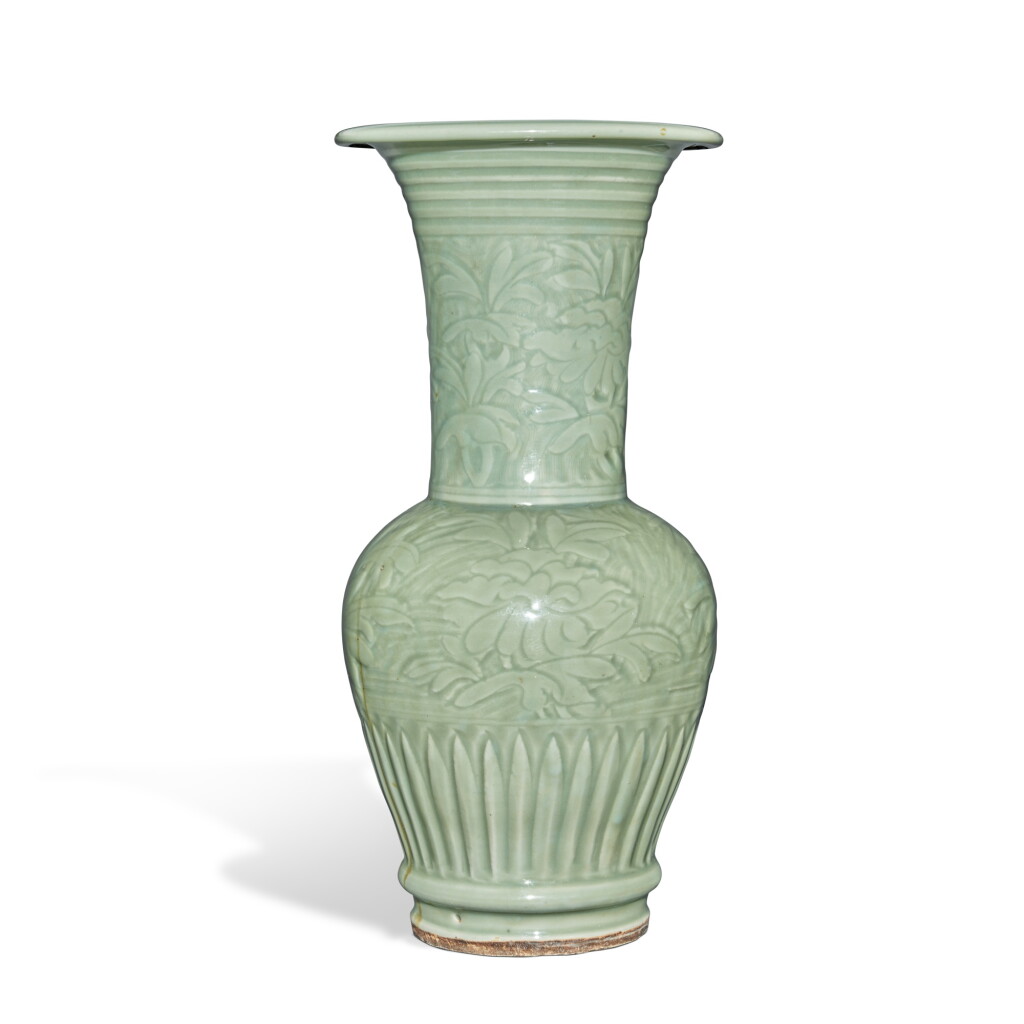 View full screen - View 1 of Lot 1. An extremely rare dated and carved 'Longquan' celadon-glazed 'peony' vase, Dated Yongle 15th year, corresponding to 1417 .