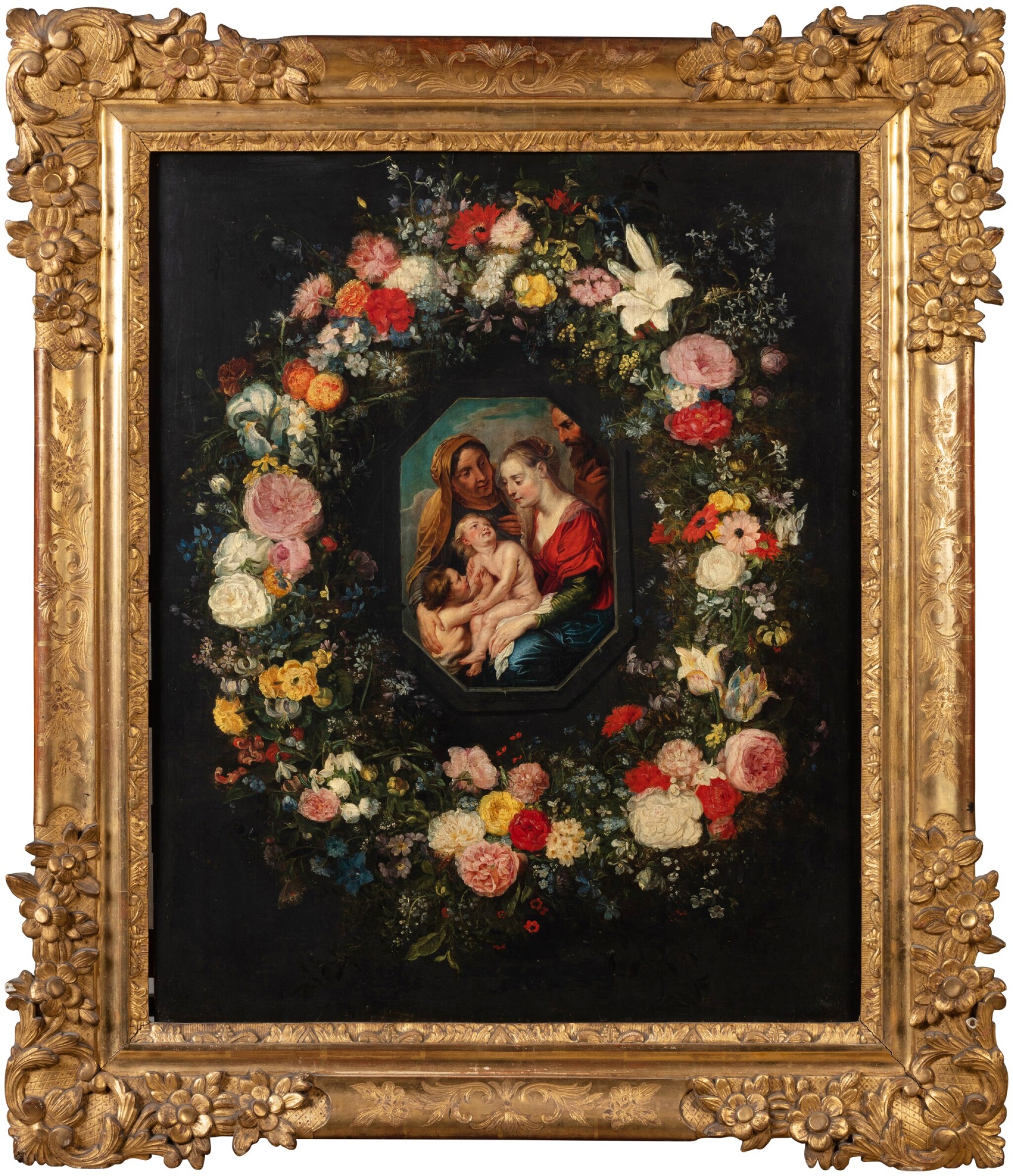 View full screen - View 1 of Lot 46. Virgin and Child with saints Anne and John in a garland of flowers | Vierge à l'Enfant avec sainte Anne et saint Jean dans une guirlande de fleurs.