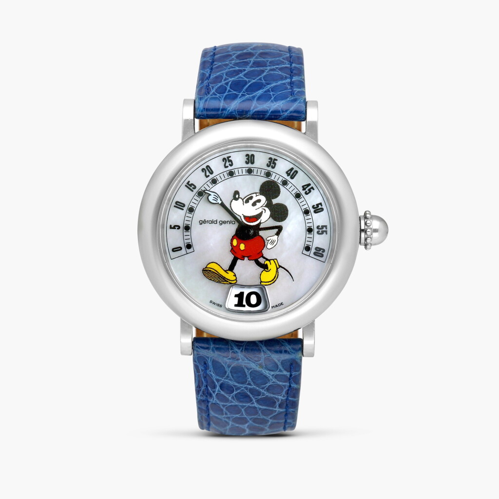 View full screen - View 1 of Lot 8767. Retro Fantasy 'Mickey Mouse', Reference G.3632 | A stainless steel jumping hour wristwatch with retrograde minutes and mother-of-pearl dial, circa 1995.