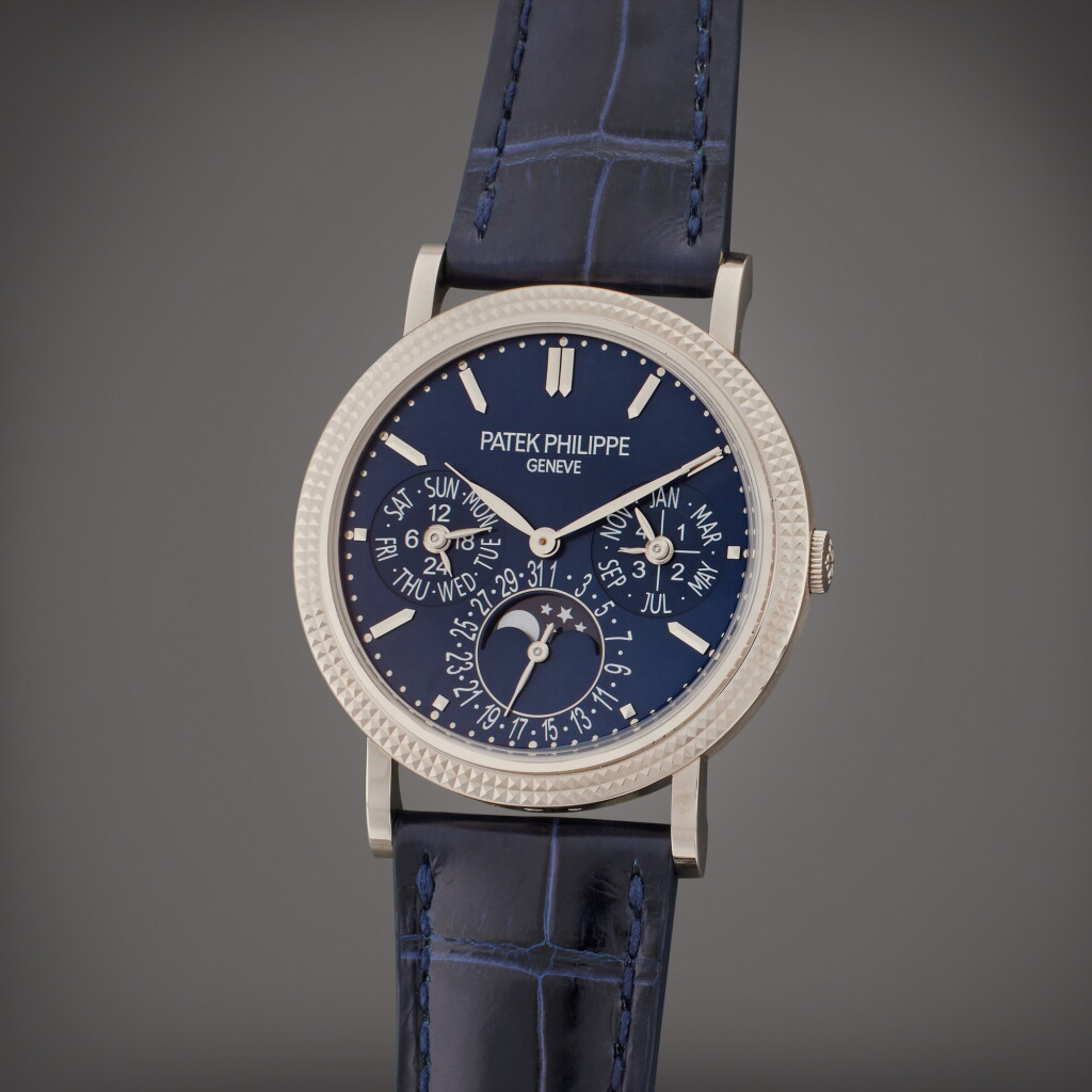 View full screen - View 1 of Lot 193. Reference 5039G-013 | A white gold perpetual calendar wristwatch with Clous de Paris bezel, moon phases, 24 hour and leap year indication, Circa 2023.