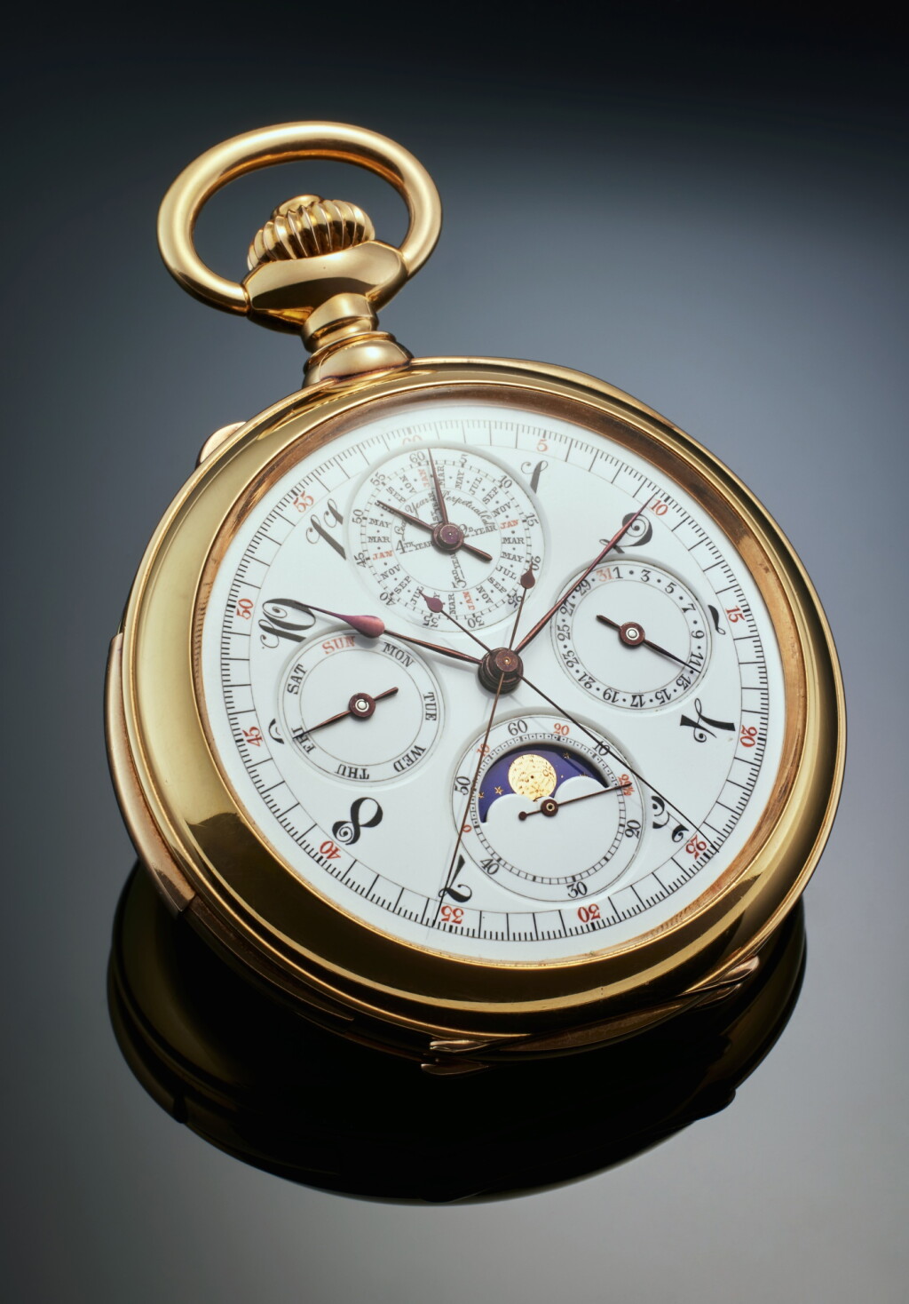 View full screen - View 1 of Lot 55. A yellow gold open-faced keyless minute repeating watch with split-seconds chronograph, register, perpetual calendar and moon phases, No. 1880, Circa 1900.