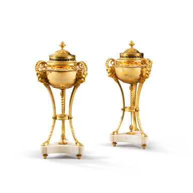 View full screen - View 1 of Lot 118. A pair of late Louis XVI gilt-bronze mounted white marble brûle-parfums, circa 1785.