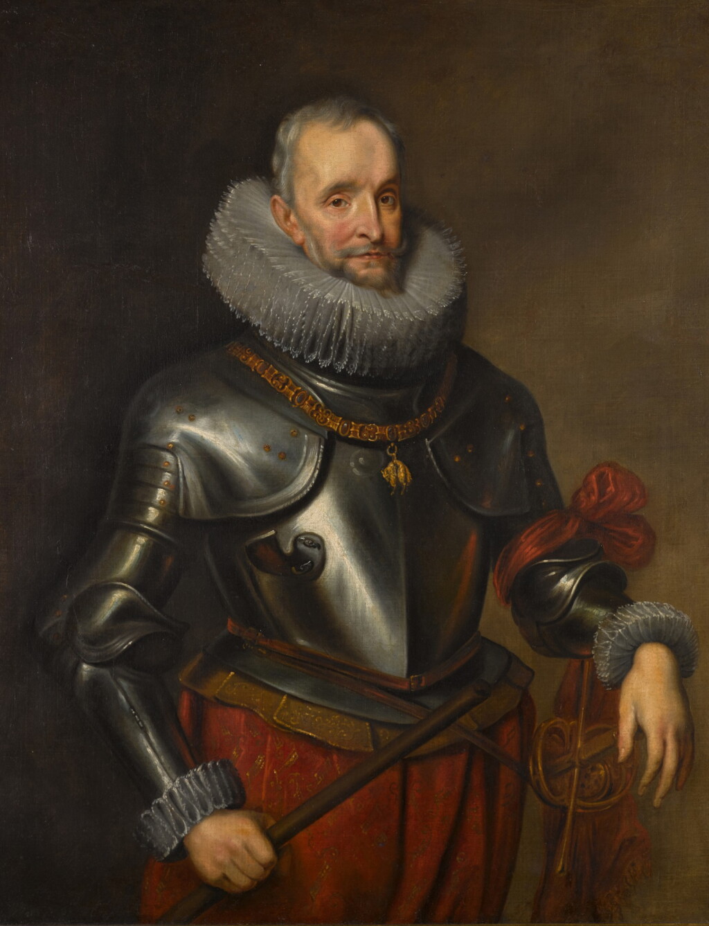 View full screen - View 1 of Lot 133. Portrait of Ambrogio Spinola, 1st Marquess of Los Balbases (1569-1630), three-quarter length, wearing a breastplate and the collar and badge of the Order of the Golden Fleece, a Field Marshal's baton in his right hand.