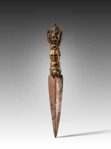 View full screen - View 1 of Lot 130. A copper-inlaid copper-alloy and iron ritual dagger, Tibet, 14th century.