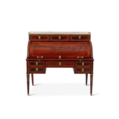 View full screen - View 1 of Lot 59. A Louis XVI gilt-bronze mounted mahogany and mahogany veneered sliding desk, circa 1780, attributed to Fidelys Schey | Bureau à cylindre en acajou et placage d’acajou et bronze doré d’époque Louis XVI, vers 1780, attribué à Fidelys Schey.