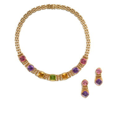 View full screen - View 1 of Lot 465. Gold and Gem-Set Necklace and Pair of Pendant-Earclips.