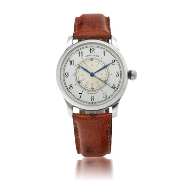 View full screen - View 1 of Lot 208. LONGINES | LINDBERGH WEEMS NAVIGATION WATCH ‘SWISSAIR EXCLUSIVE’, REF 628.5241 STAINLESS STEEL AVIATOR'S WRISTWATCH WITH DUAL TIME ZONE CIRCA 1990.
