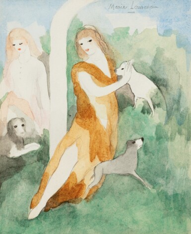 View full screen - View 1 of Lot 235. LAURENCIN, Marie. Jeunes-filles et chiens. Aquarelle originale signée en haut à droite. Encadrée..