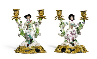 View full screen - View 1 of Lot 182. A pair of gilt-bronze-mounted Meissen porcelain two-light figural candelabra, Mid 18th century.