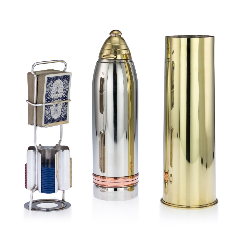View full screen - View 1 of Lot 114. A VERY LARGE AMERICAN SILVER-PLATED, BRASS AND COPPER GORHAM COCKTAIL SHAKER/CUM PLAYING CARD COMPENDIUM, CIRCA 1915.