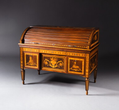 View full screen - View 1 of Lot 325. A rosewood, tulipwood, amaranth and mahogany marquetry sliding desk, Italy, by Giuseppe Maggiolini, circa 1804 | Bureau à cylindre en marqueterie de palissandre, acajou, amarante et bois de rose, par Giuseppe Maggiolini, vers 1804.