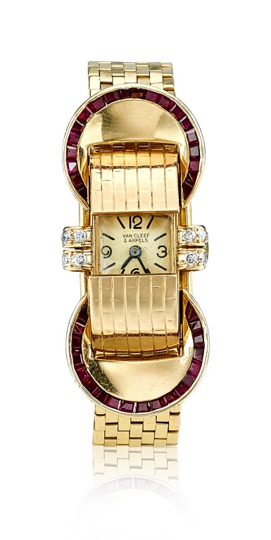 View full screen - View 1 of Lot 9137. RUBY AND DIAMOND BRACELET-WATCH, 'SHUTTER', VAN CLEEF & ARPELS | 紅寶石 配 鑽石 腕錶, 'Shutter', 梵克雅寶(Van Cleef & Arpels).