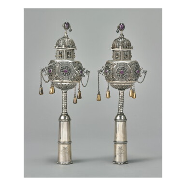 View full screen - View 1 of Lot 15. A PAIR OF BEZALEL SILVER FILIGREE TORAH FINIALS, JERUSALEM, CIRCA 1925.