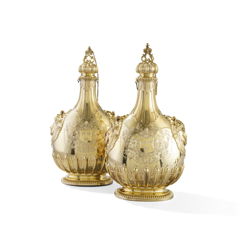 View full screen - View 1 of Lot 234. A pair of Victorian silver-gilt pilgrim flasks, Chapple & Mantell, London, 1892.