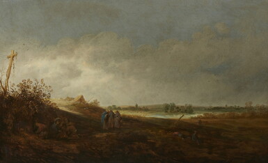 View full screen - View 1 of Lot 251. CORNELIS SYMONSZ. VAN DER SCHALCKE | A DUNE LANDSCAPE WITH PEASANTS AND GYPSIES RESTING AND CONVERSING.