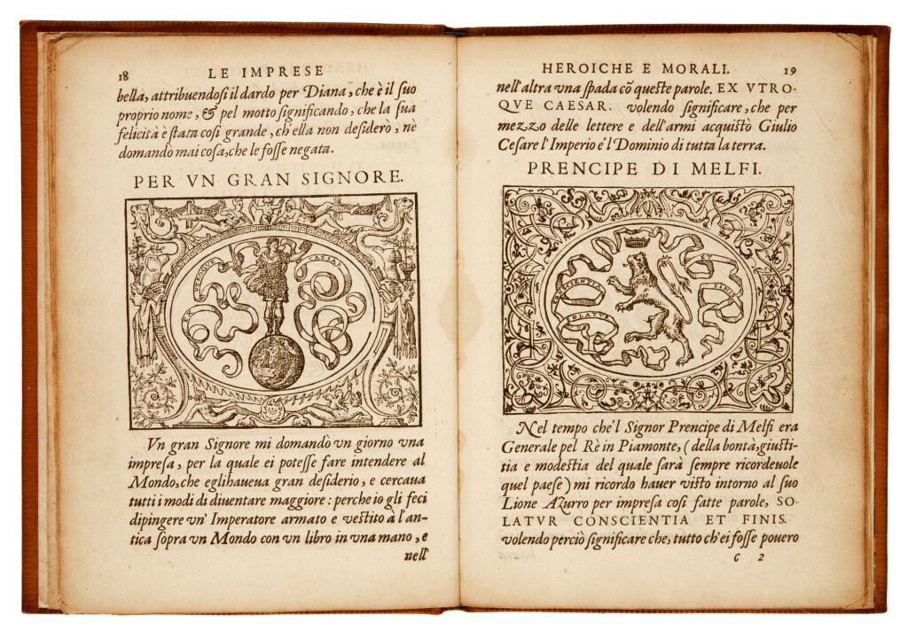 View full screen - View 1 of Lot 284. Simeoni, Le imprese heroiche et morali, Lyon, 1559, modern tan calf.