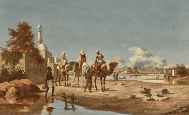 View full screen - View 1 of Lot 55. Riders by an Oasis and Riders by a Mosque in the Mountains: A Pair.