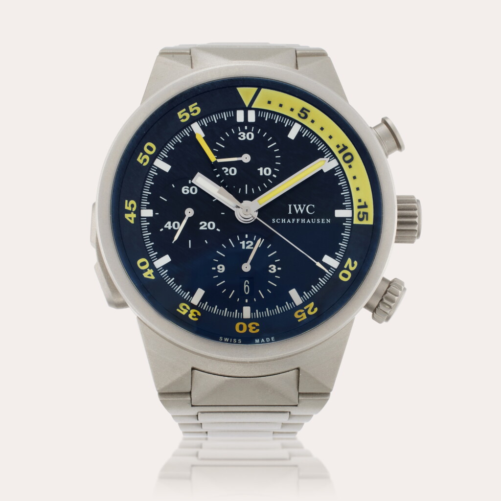 View full screen - View 1 of Lot 110. Reference IW3723-01 Aquatimer Split Minute Chronograph | A titanium automatic split minute chronograph wristwatch with date and bracelet, Circa 2004.