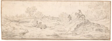 View full screen - View 1 of Lot 152. ATTRIBUTED TO CORNELIS SYMONSZ. VAN DER SCHALCKE | DUNE LANDSCAPE WITH TRAVELLERS AND OTHER FIGURES, A VILLAGE BEHIND.
