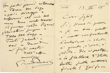 View full screen - View 1 of Lot 59. G. Puccini. Autograph letter signed ("Giacomo Puccini"), about Italy's participation in the First World War, 1915.