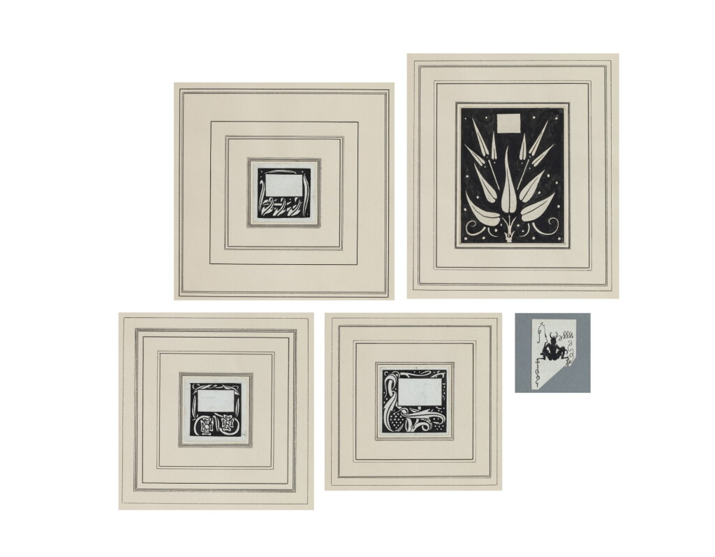 View full screen - View 1 of Lot 27. A set of five ornamental drawings: (i) Squatting Devil Fishing (ii) Three Stylized Leaves (iii) Two Dog Roses (iv) Bunches of Grapes and Leaves (v) Convolvulus leaf.