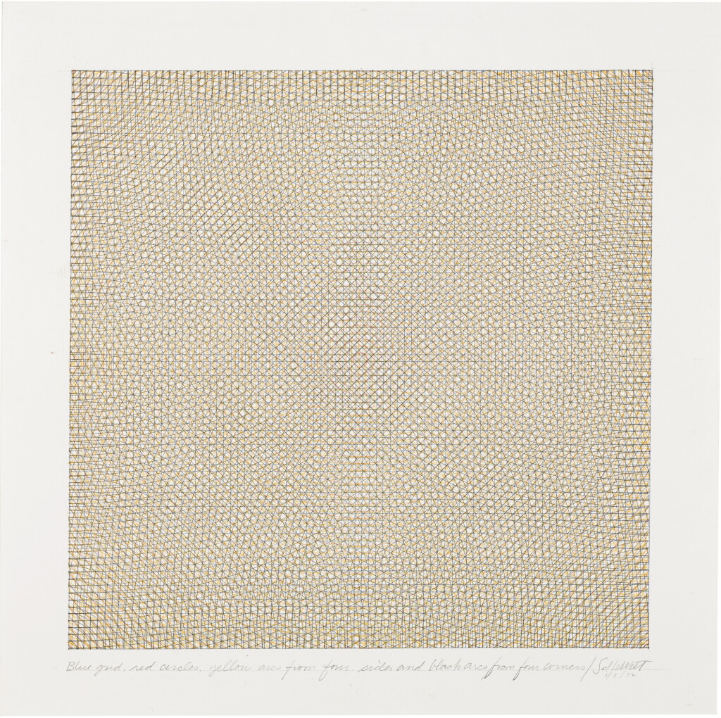 View full screen - View 1 of Lot 251. SOL LEWITT | BLUE GRID, RED CIRCLES, YELLOW ARCS FROM FOUR SIDES AND BLACK ARCS FROM FOUR CORNERS.