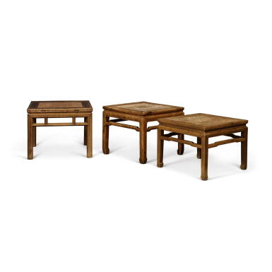 View full screen - View 1 of Lot 744. A group of three hardwood stools (Fangdeng), Qing dynasty, 18th - 19th century | 清十八至十九世紀 硬木方凳三件.