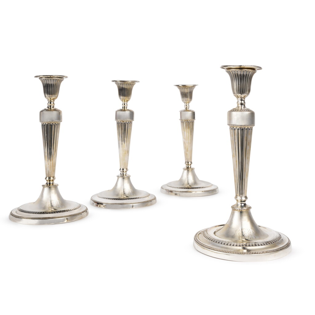 View full screen - View 1 of Lot 1823. A Set of Four George III Silver Candlesticks, John Winter, John Parsons, and Charles Hall, Sheffield, 1780.