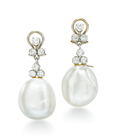 View full screen - View 1 of Lot 92. PAIR OF MABÉ PEARL AND DIAMOND EAR CLIPS.