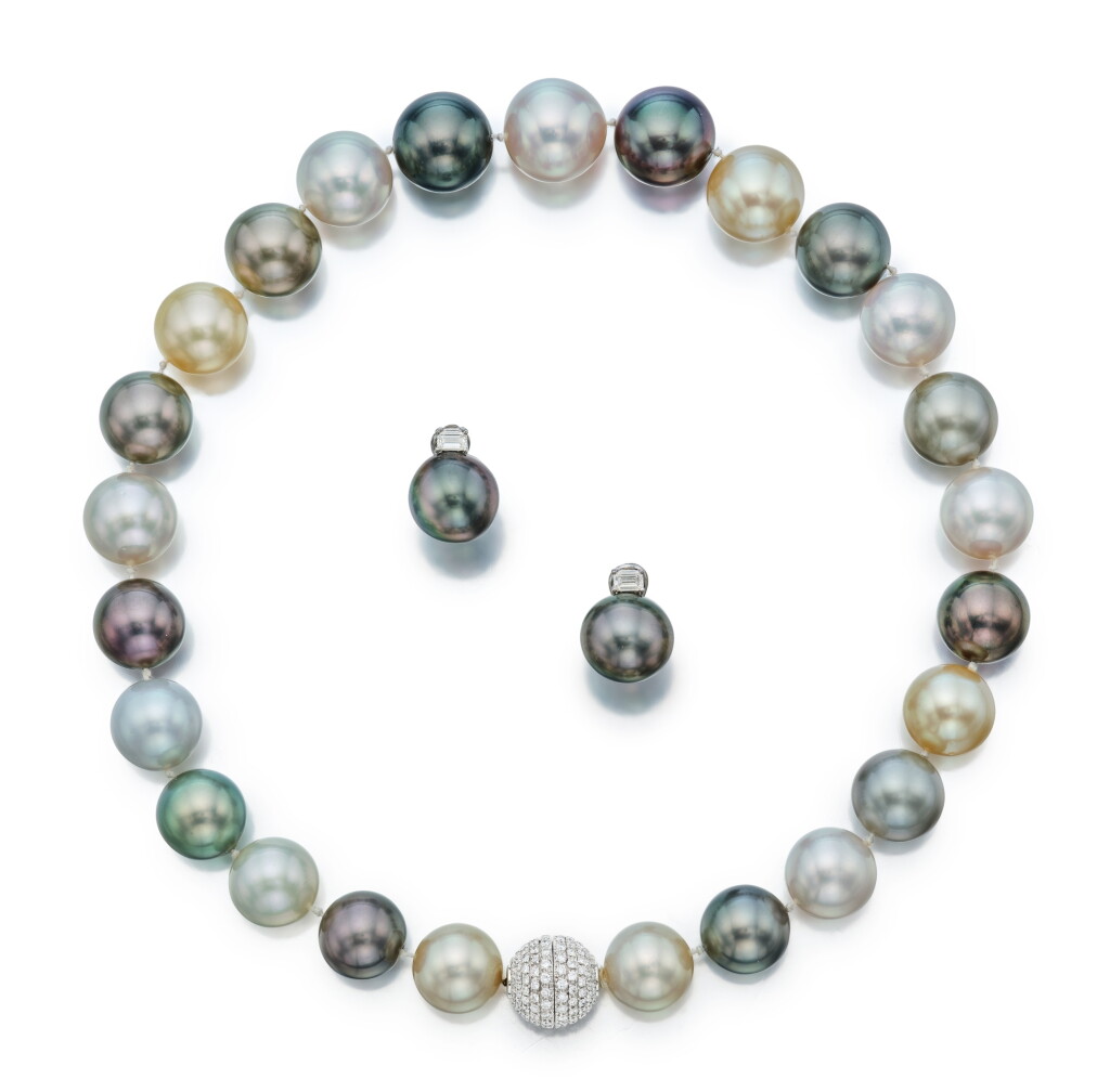 View full screen - View 1 of Lot 383. Cultured Pearl and Diamond Necklace and Pair of Earclips .