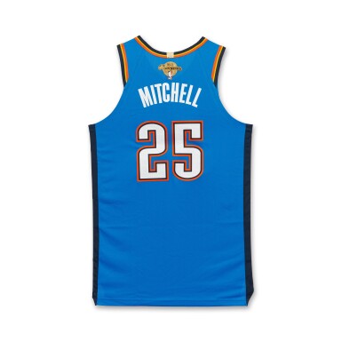 View full screen - View 1 of Lot 22. Ajay Mitchell Oklahoma City Thunder 2025-2026 NBA Tip-Off Game Worn Icon Edition Jersey | Ring Night | 2024-25 Championship Patch.