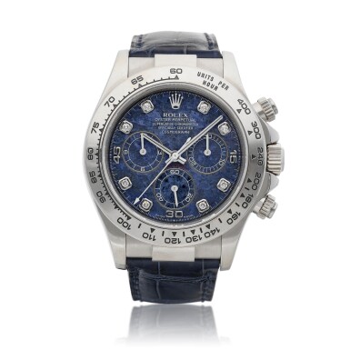 View full screen - View 1 of Lot 8236. Cosmograph Daytona, Reference 116519 | A white gold and diamond-set chronograph wristwatch with sodalite dial, Circa 2000 | 勞力士 Cosmograph Daytona 型號116519 | 白金鑲鑽石計時腕錶,備方鈉石錶盤,約2000年製.