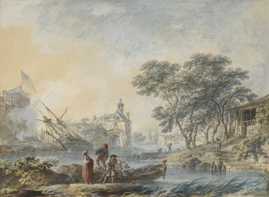 View full screen - View 1 of Lot 744. Alexandre Jean Noël | LANDSCAPE WITH A CASTLE AND RIVER WITH A RUINED SHIP.