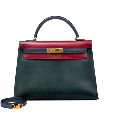 View full screen - View 1 of Lot 126. Vintage Rouge H, Bleu Marine and Vert Box Kelly 32 Sellier Gold Hardware, 1991.