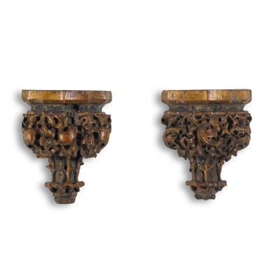 View full screen - View 1 of Lot 7. A pair of polychrome and parcel-gilt carved oak wall brackets, probably English, 15th century.