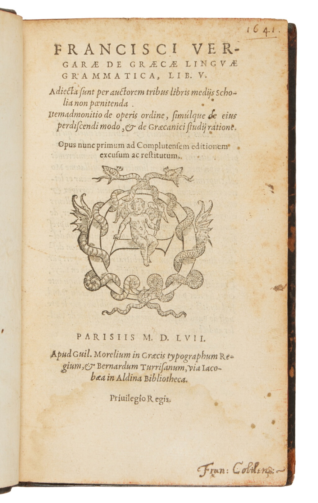 View full screen - View 1 of Lot 1526. Vergara, De Graecae linguae grammatica, Paris, Bernardino Torresano, 1557, seventeenth-century Parisian brown calf for Longepierre.