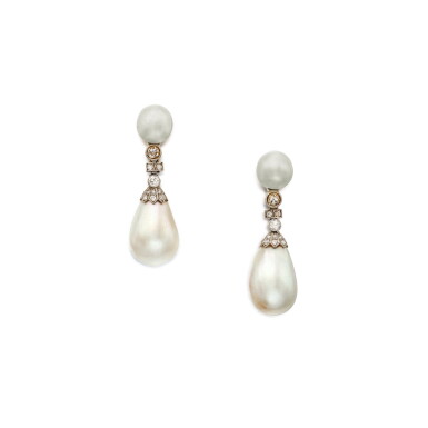 View full screen - View 1 of Lot 468. Pair of Natural Pearl and Diamond Pendant-Earrings | 天然珍珠配鑽石耳墜一對.