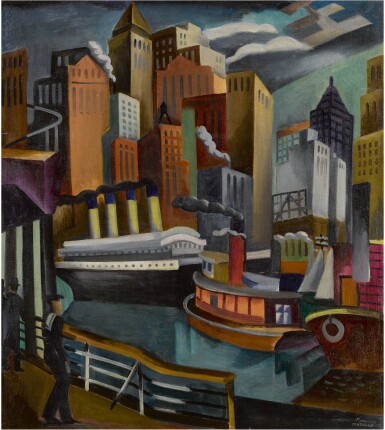 View full screen - View 1 of Lot 41. New York Harbor & Paris: A Double Sided Work.