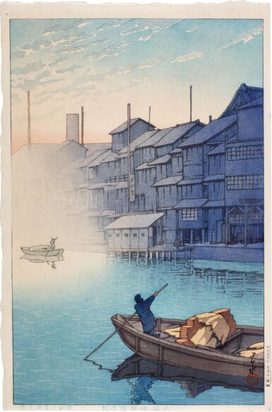 View full screen - View 1 of Lot 17. Kawase Hasui (1883-1957) | Morning in Dotonbori, Osaka (Osaka Dotonburi no asa) | Showa period, 20th century.