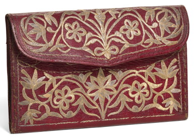 View full screen - View 1 of Lot 495. AN OTTOMAN SILVER AND GILT-THREAD EMBROIDERED LEATHER WALLET, TURKEY, CONSTANTINOPLE, DATED 1741.