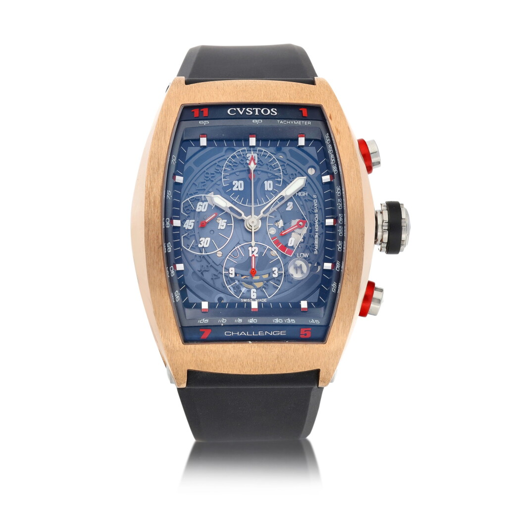 View full screen - View 1 of Lot 8058. Cvstos | Challenge, Reference F430, A limited edition pink gold semi-skeletonized chronograph wristwatch with date and power reserve indication, Circa 2015 | Challenge 型號F430 限量版粉紅金半鏤空計時腕錶,備日期及動力儲備顯示,約2015年製.
