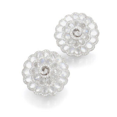 View full screen - View 1 of Lot 109. Pair of moonstone and diamond earrings.