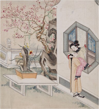 View full screen - View 1 of Lot 55. A set of four Chinese School ink and colour on paper 'erotic' paintings Qing dynasty, 19th century | 清十九世紀 春宮圖一組四張 設色紙本.
